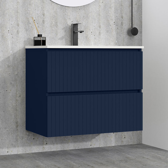 Ensemble de Salle de Bain Miya | 80 cm Bleu | Deux Tiroirs | Lavabo Encastré | N'inclut pas le Miroir | Alday