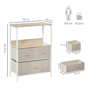 Meuble de rangement commode 3 tiroirs étagère plateau acier blanc MDF bois clair non tissé gris clair