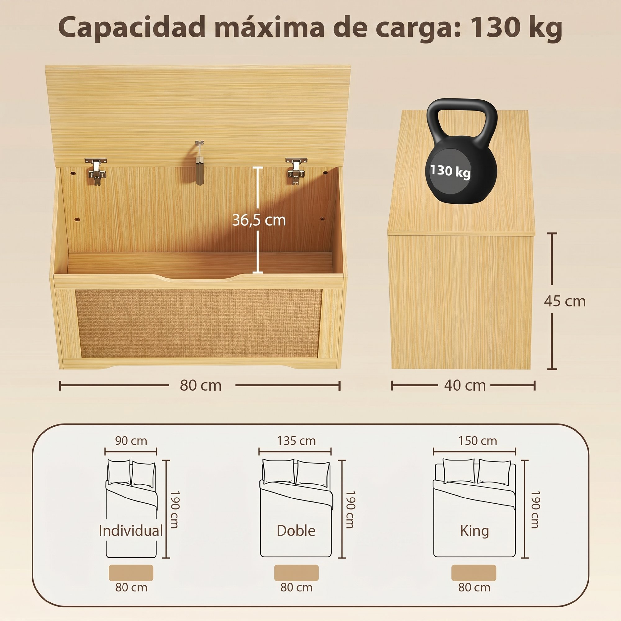Baúl de Almacenaje 108L, Banco de Almacenaje con Panel de Ratán, Tapa Elevable, Brazos de Soporte, Diseño Sin Tiradores, para Recibidor, Pasillo, Dormitorio, Salón, 80x40x45 cm, Roble
