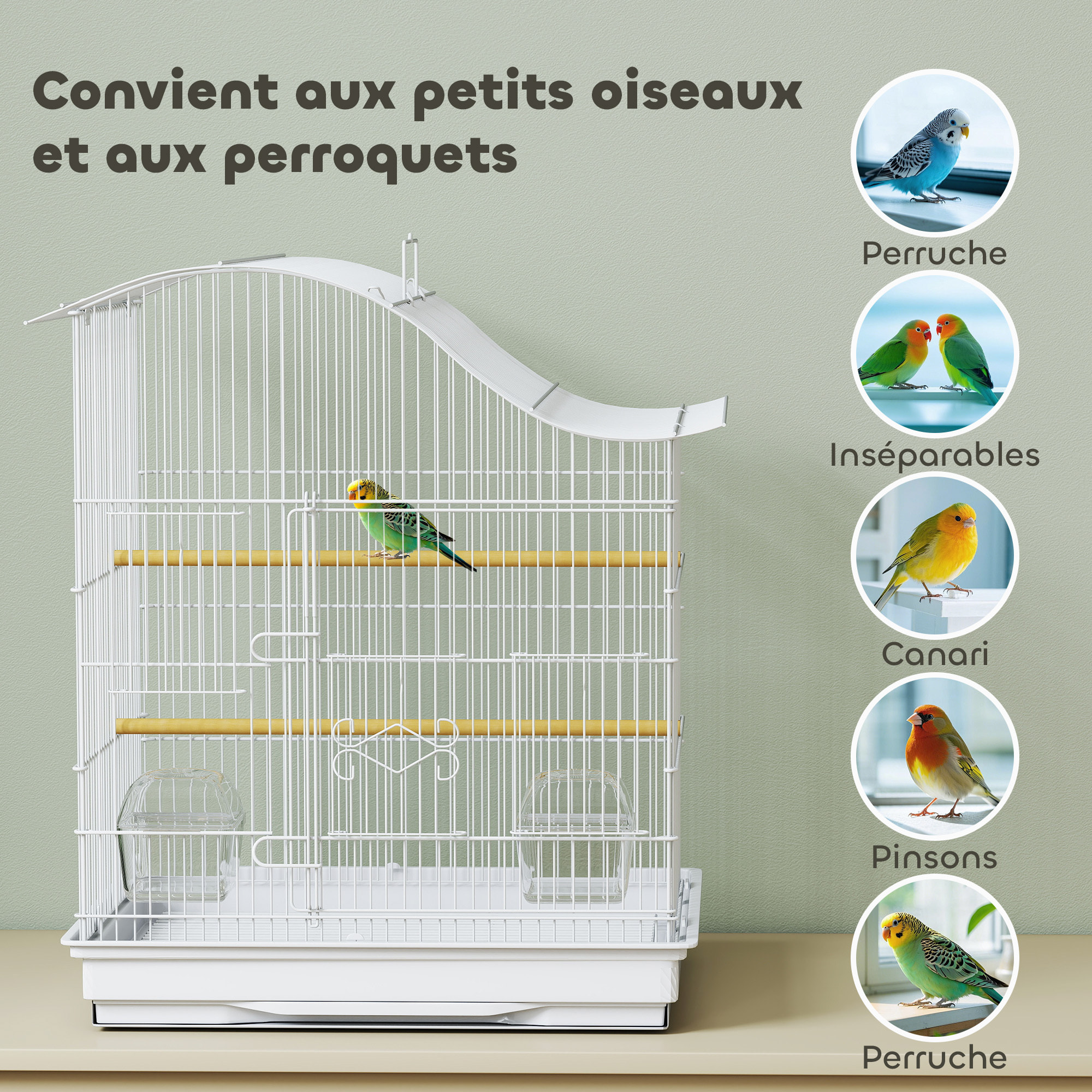 Cage à oiseau 4 portes 2 perchoirs 2 mangeoires plateau coulissant poignée blanc