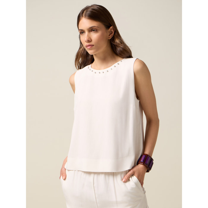 Oltre - Top mixto de lino con cristales - Blanco