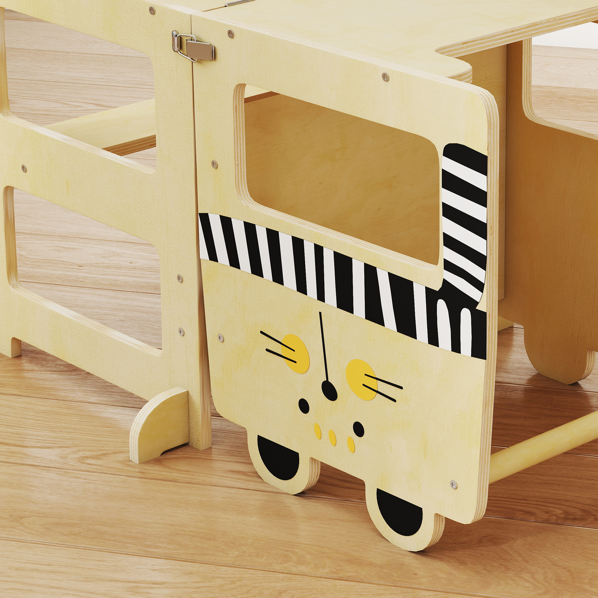 Torre de Aprendizaje 3 en 1 Plegable, Convertible en Escritorio y Silla, Taburete de Aprendizaje para Niños de 2-5 Años con Pizarra, Dibujos de Gatos, para Baño, Cocina, Natural
