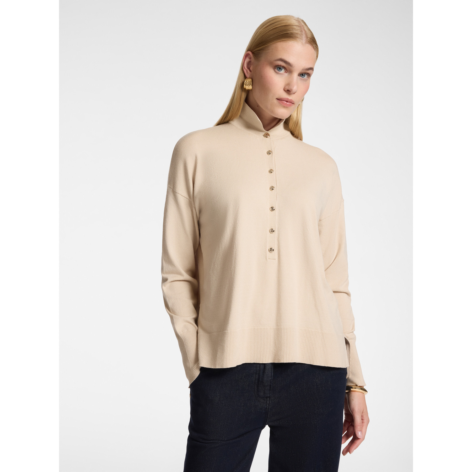 Elena Mirò - Maglia polo in viscosa con bottoni gioiello - Beige