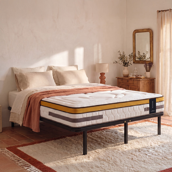Ensemble Matelas Hybride Aubertin & Sommier Cadre Métal, Ressorts Ensachés & Mémoire de Forme, 24 cm, Soutien Ferme