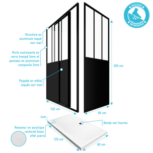 Pack complet Paroi porte de douche coulissante 120cm+ paroi de retour type atelier+ receveur blanc
