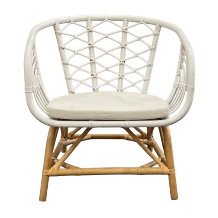 Fauteuil relax en rotin tressé bicolore blanc avec coussin – AURA