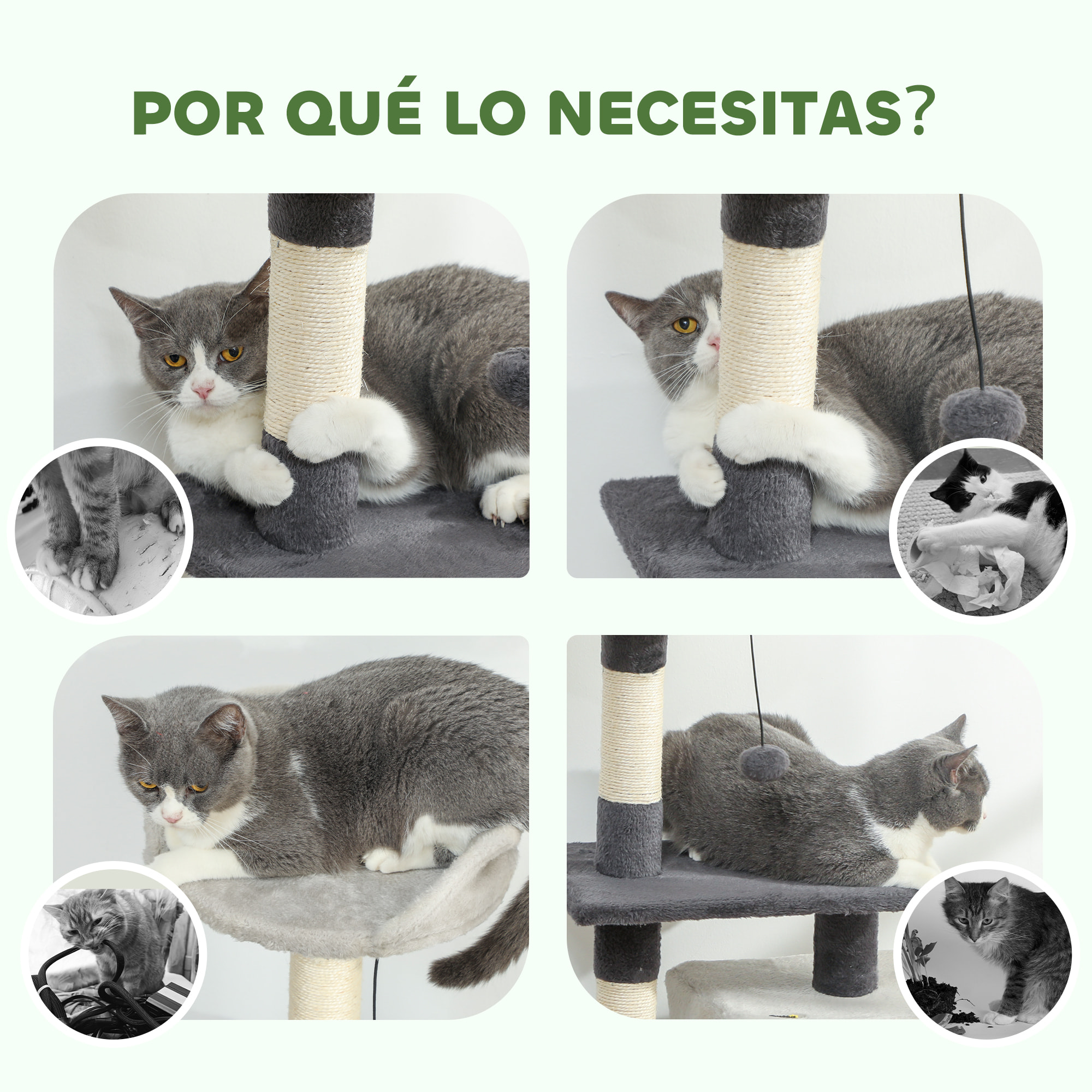 Árbol Rascador para Gatos, Árbol para Gatos 85 cm, Torre Escalador con Plataformas, Cueva, Postes Rascadores, Tapete de Sisal, Bolas, Gris Claro y Negro