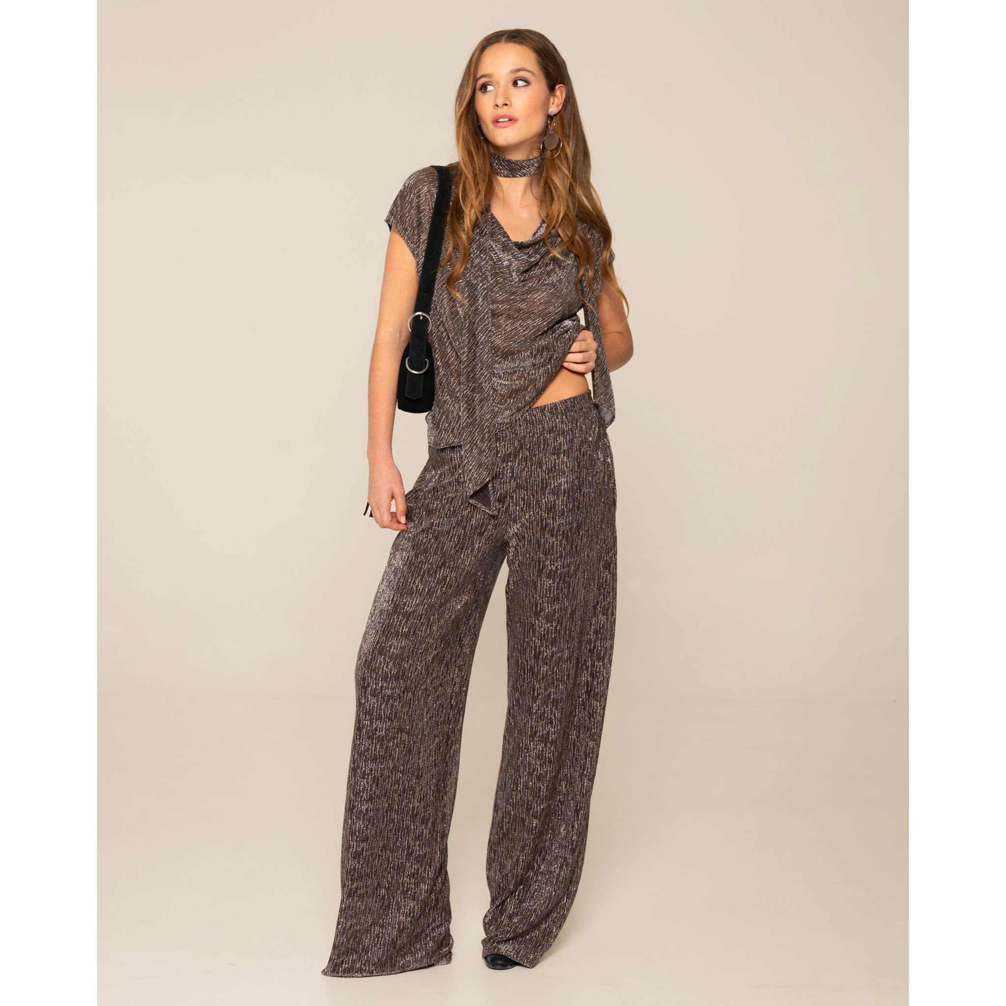 Pantalón palazzo de punto lúrex de mujer