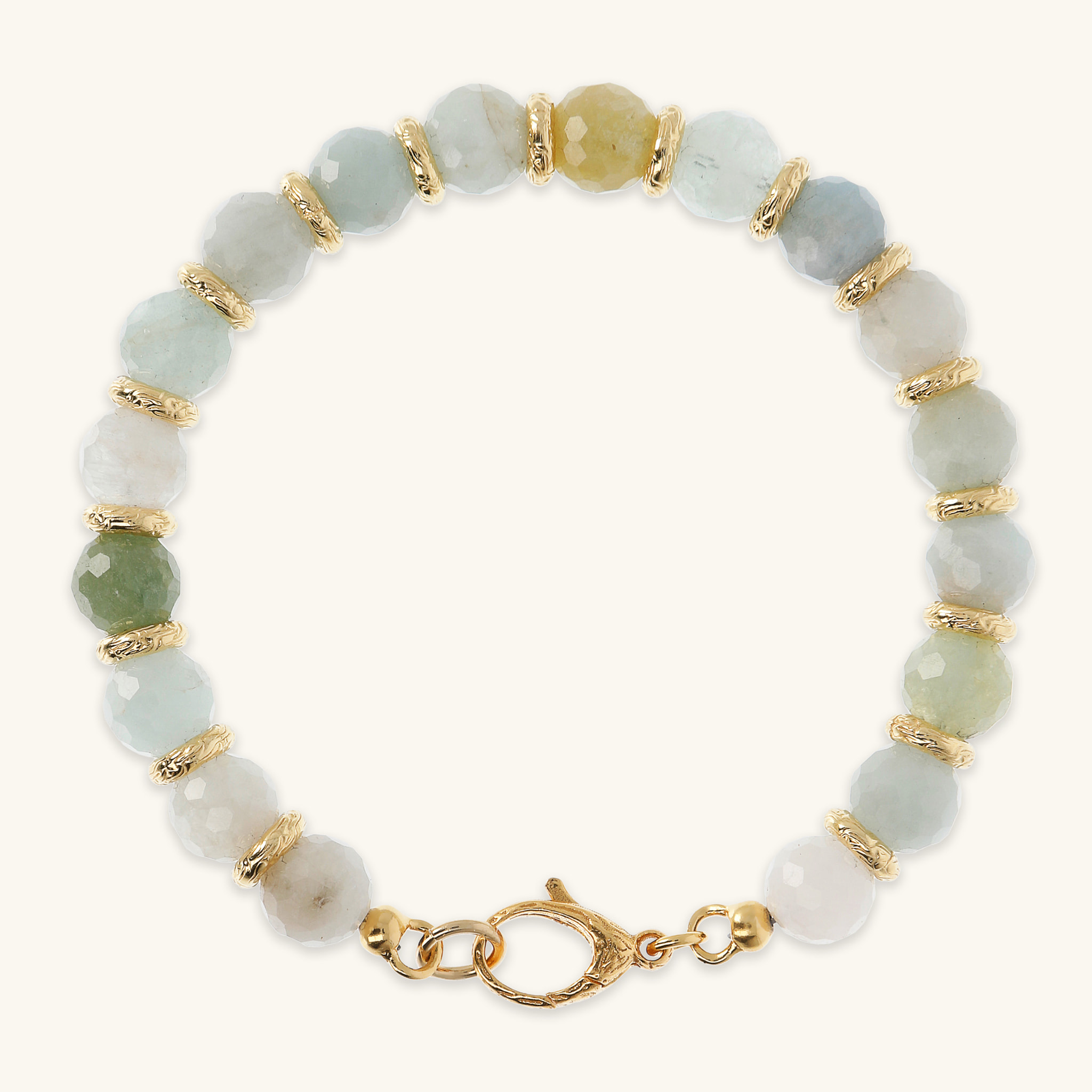 Bracciale con Sfere in Acquamarina Sfaccettata e Rondelle Martellate