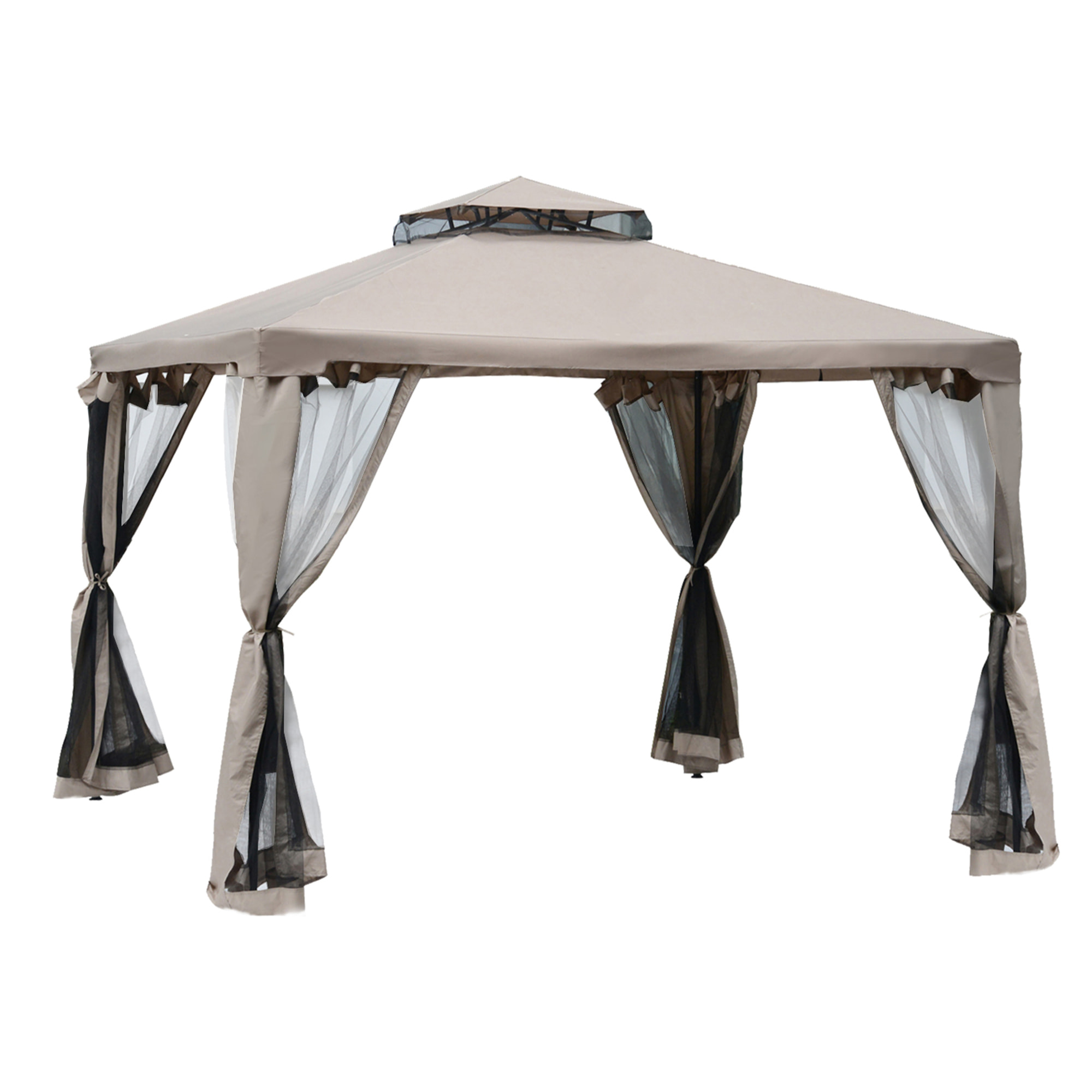 Cenador de Jardín 3x3 m Pabellón de Exterior con Doble Techo de Ventilación 4 Cortinas Mosquiteras Laterales con Cremallera 4 Orificios de Drenaje para Fiestas Patio Marrón Pardo