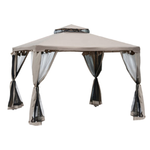 Cenador de Jardín 3x3 m Pabellón de Exterior con Doble Techo de Ventilación 4 Cortinas Mosquiteras Laterales con Cremallera 4 Orificios de Drenaje para Fiestas Patio Marrón Pardo