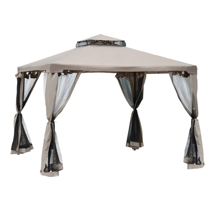 Cenador de Jardín 3x3 m Pabellón de Exterior con Doble Techo de Ventilación 4 Cortinas Mosquiteras Laterales con Cremallera 4 Orificios de Drenaje para Fiestas Patio Marrón Pardo