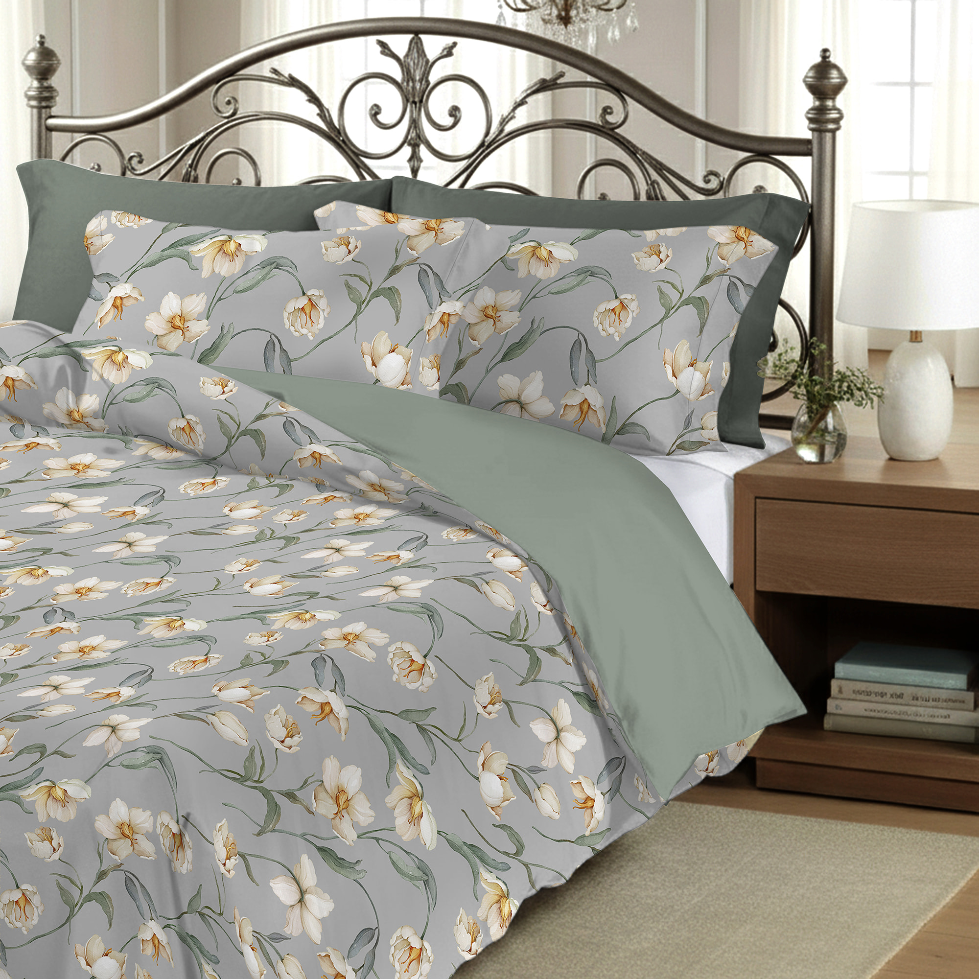 Parure copripiumino matrimoniale in raso stampato Lavinia