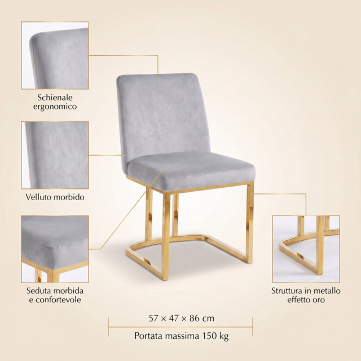 Sedia Imbottita in Effetto Velluto con Gambe Oro, Design Moderno ed Elegante per Sala da Pranzo, Cucina, Soggiorno, Studio e Ufficio