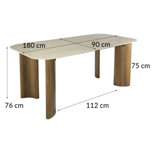 Mohea - table à manger - plateau en céramique effet travertin - 4 à 6 personnes - Bois / Beige