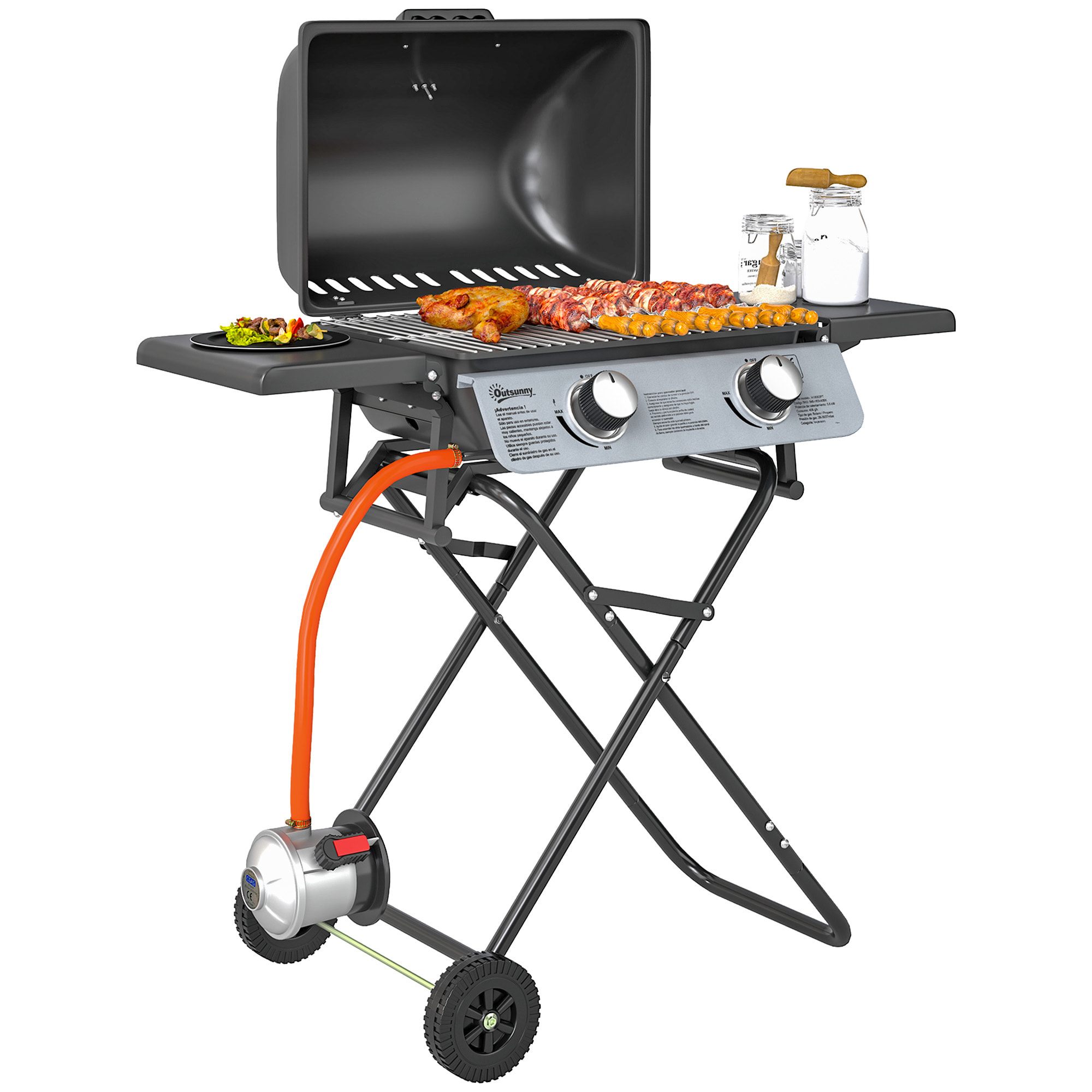 Barbacoa de Gas con 2 Quemadores de Acero Inoxidable 2,8 KW Barbacoa Portátil con Mesas Laterales Plegables Bandeja Extraíble Termómetro y 2 Ruedas para Pícnic Camping 101x50x102 cm Negro
