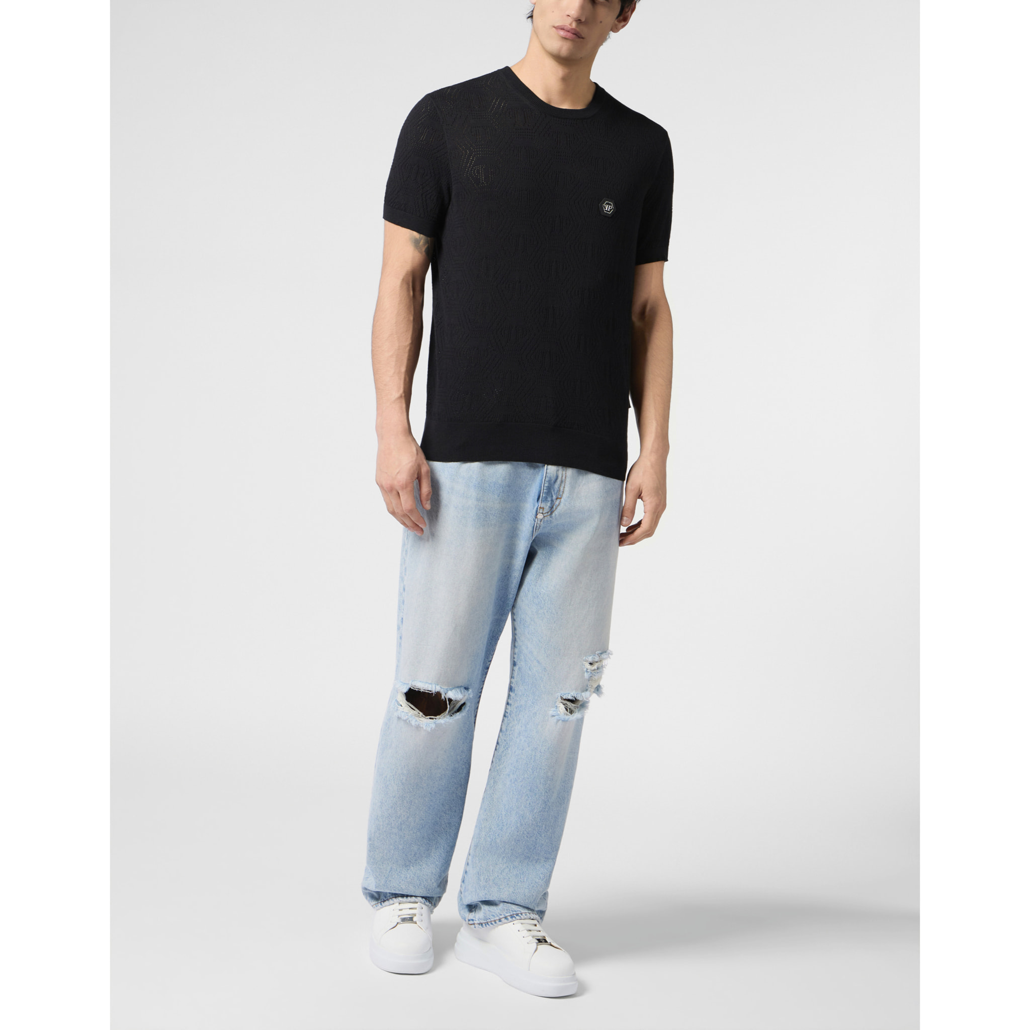 PHILIPP PLEIN Round Neck T-Shirt Openwork Monogram