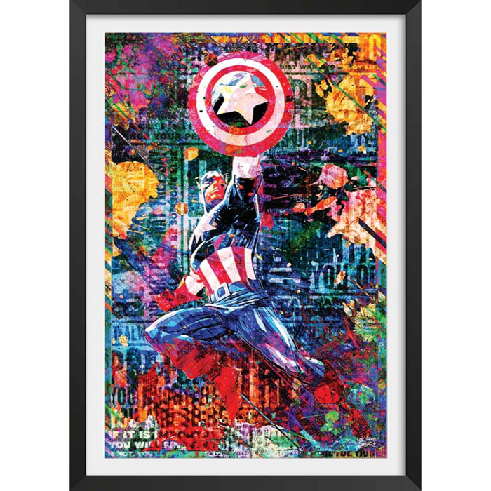 Affiche graffiti captain america Affiche + cadre en bois - Noir