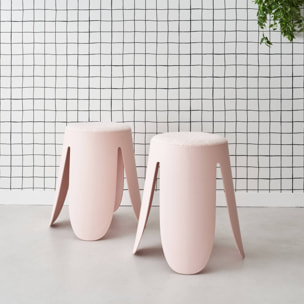 Set de 2 tabourets empilables roses. bouclette texturée. NIKI. Ø30 / 44 x H46cm