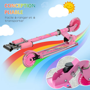 Trottinette pliable enfant à partir de 3 ans roues repose-pied LED frein à friction arrière hauteur guidon réglable 4 niv. métal rose