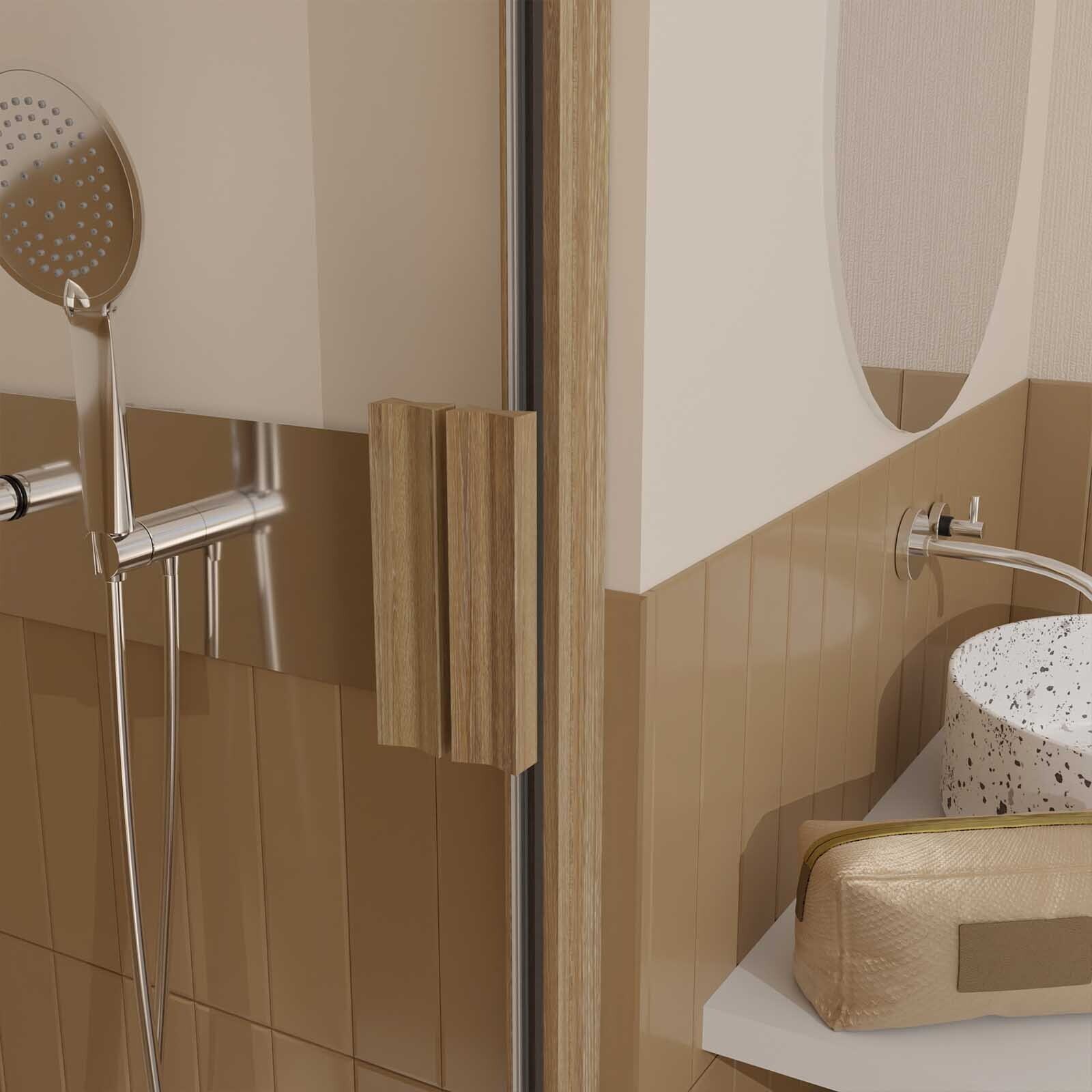 Porte de Douche Pivotante et Retour 90x90x200cm - Profilés Alu Effet Bois - Verre Trempé 6mm