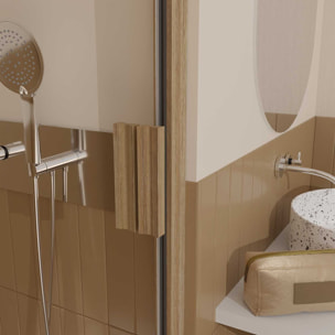 Porte de Douche Pivotante et Retour 90x90x200cm - Profilés Alu Effet Bois - Verre Trempé 6mm