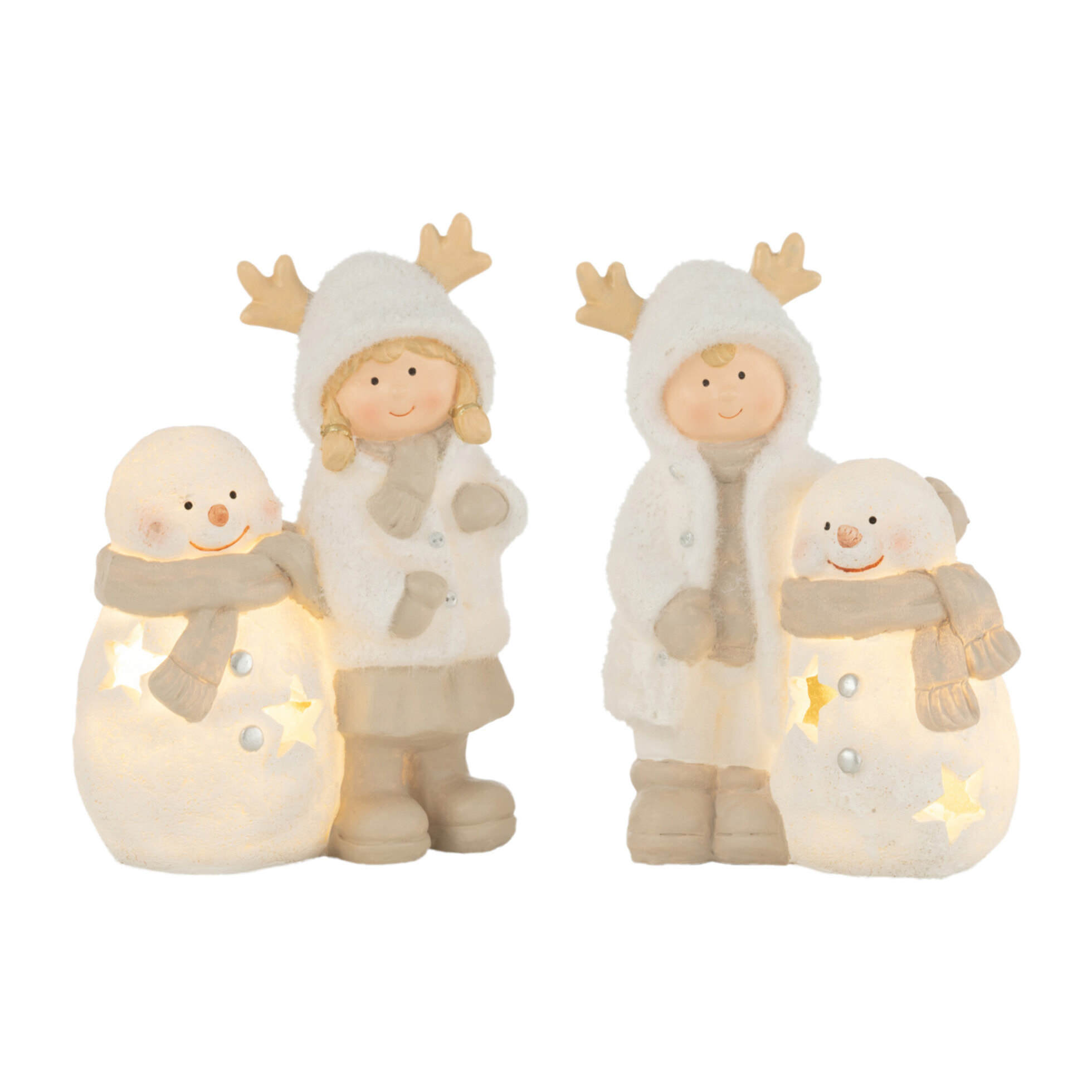 J-Line figurine de Noël Garcon Et Fille Bonhomme De Neige - polyrésine - mix - 2 pcs - LED