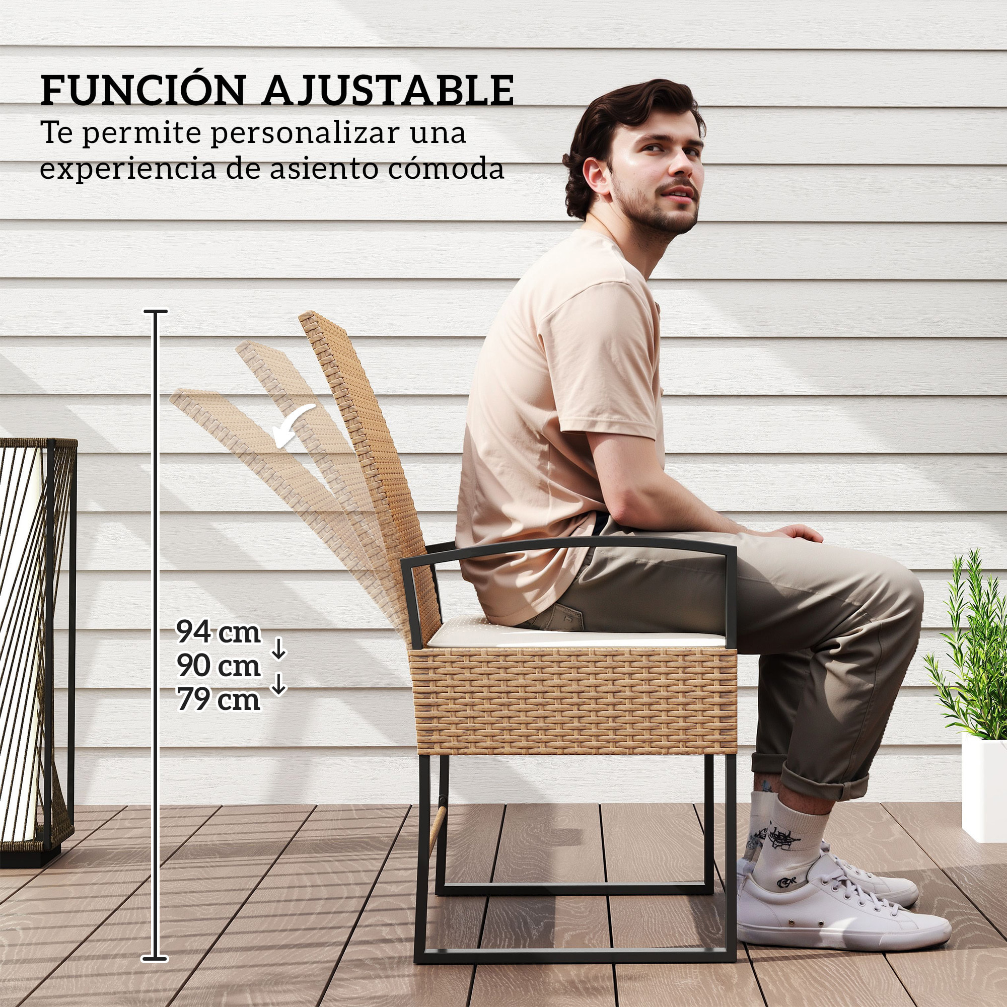 Conjunto de Jardín Exterior de 3 Piezas con Respaldo Ajustable Juego de 2 Sillas y Mesa de Ratán con Cojines Acolchados y Encimera de Vidrio Templado para Balcón Terraza Beige y Blanco