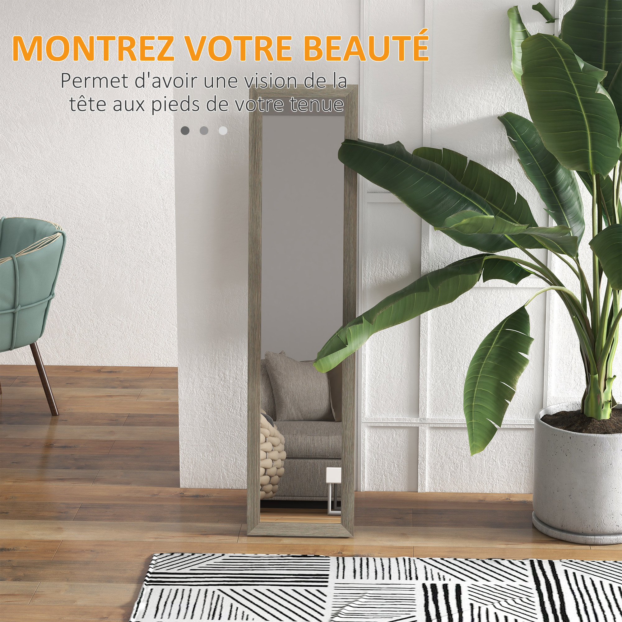 Miroir sur pied et mural rectangulaire dim. 37L x 40l x 157H cm aspect bois gris