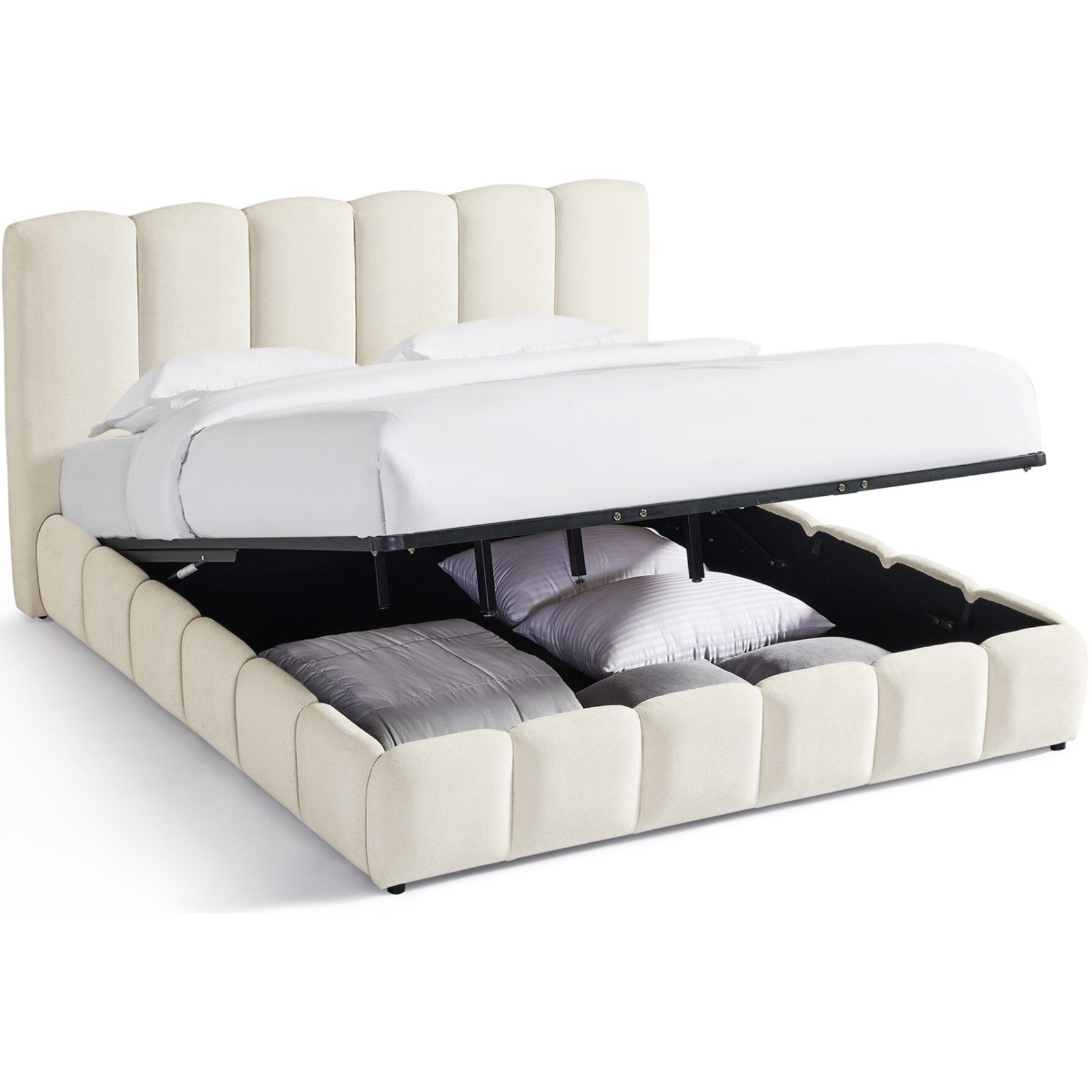 Lit coffre adulte avec tête de lit capitonnée en tissu chenille - NILS