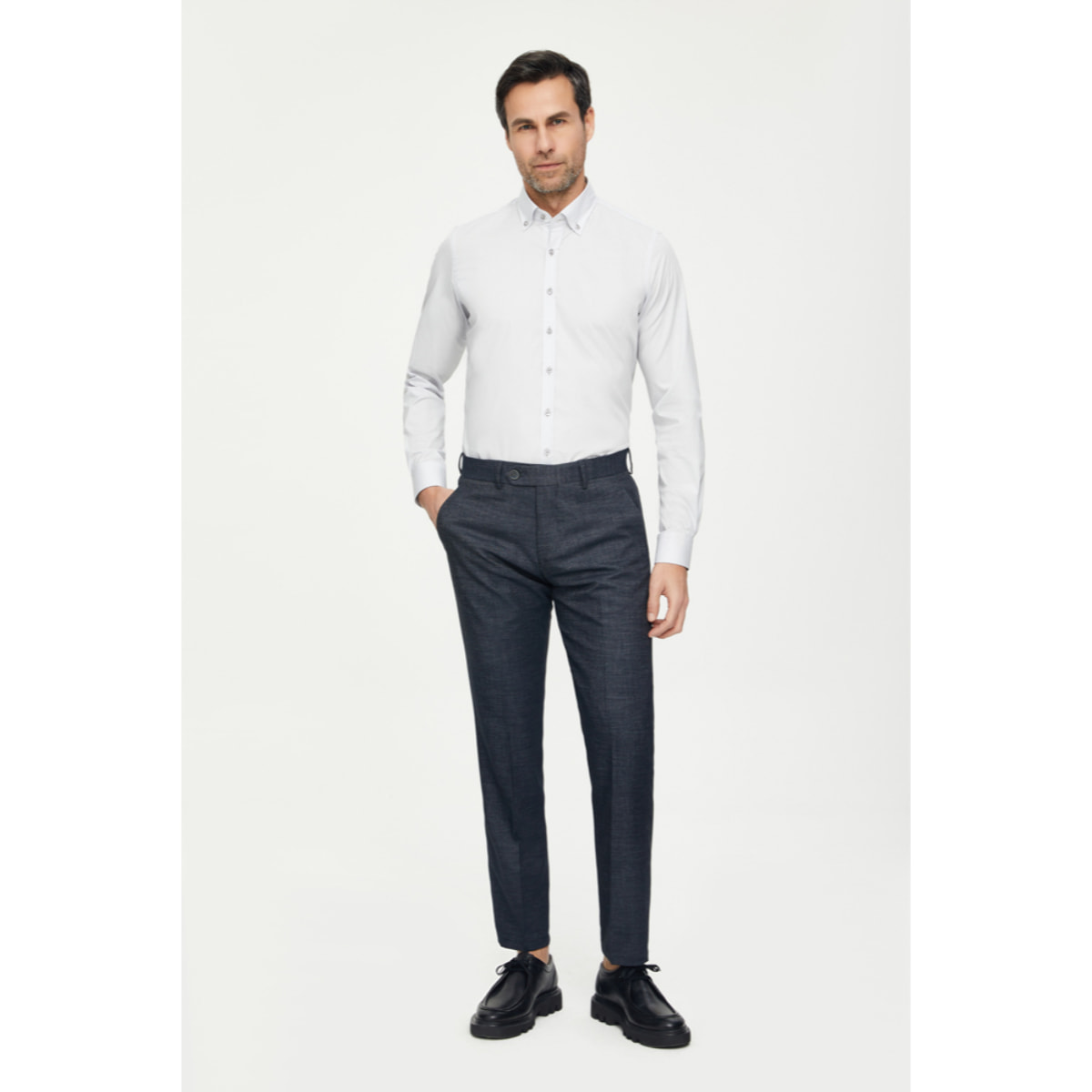 Camicia Uomo 1 Bottone Button Down Slim Popeline Stretch Unito Grigio