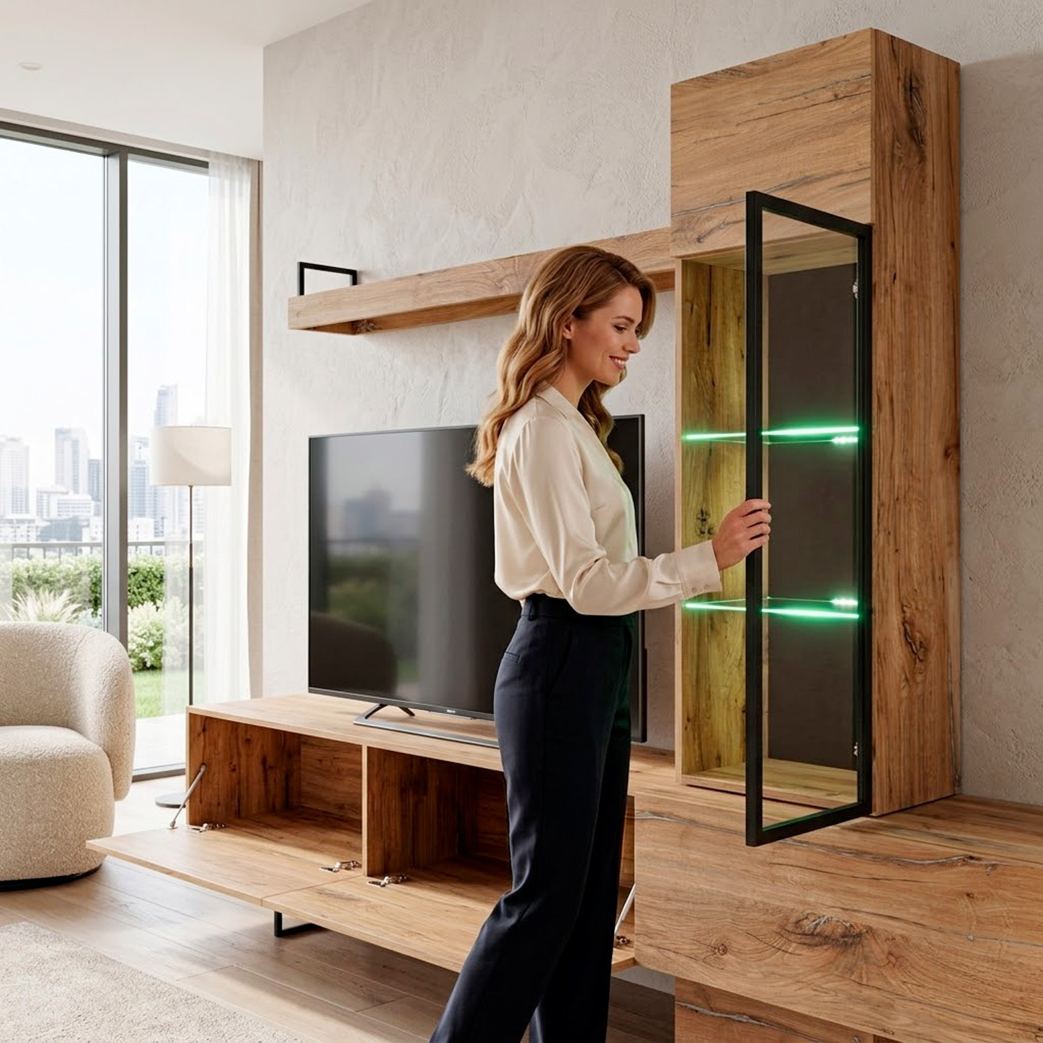 Parete Attrezzata Soggiorno Mobile Tv Colonna Vetrina Led Mensola Moderno Living Arredo Casa Contenitore Resistente Salvaspazio 240x 170x 40 Cm Rovere