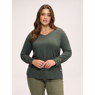 Fiorella Rubino - T-shirt in jersey con bottonicini sui polsisni - Verde militare