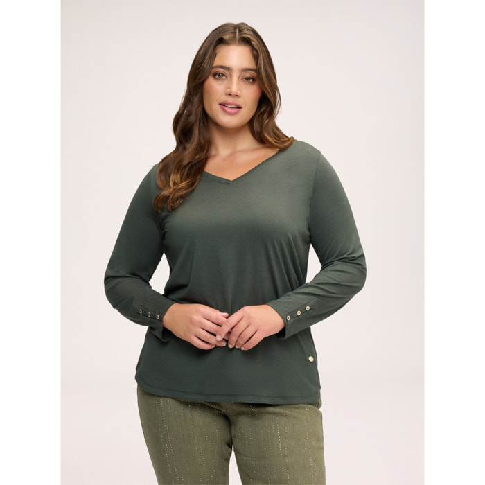 Fiorella Rubino - T-shirt in jersey con bottonicini sui polsisni - Verde militare
