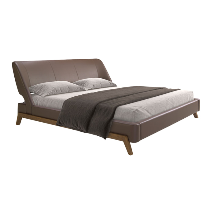 Cama Angel Cerdá de matrimonio con cabecero y estructura en polipiel en marrón chocolate y patas de madera chapada en nogal natural 205x237x95cm