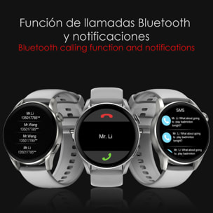 Smartwatch DT3 con notificaciones, pantalla dividida, modos multideportivos y monitor cardíaco.