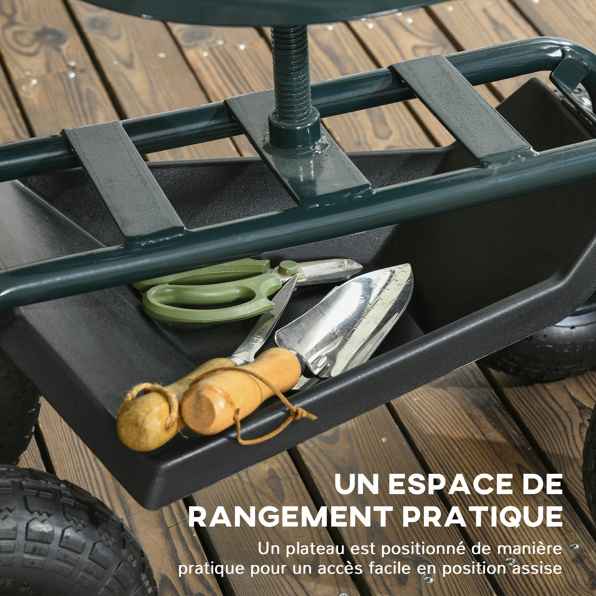 2 en 1 tabouret pivotant réglable chariot mobile de jardin charge max. 150 Kg rangement acier vert