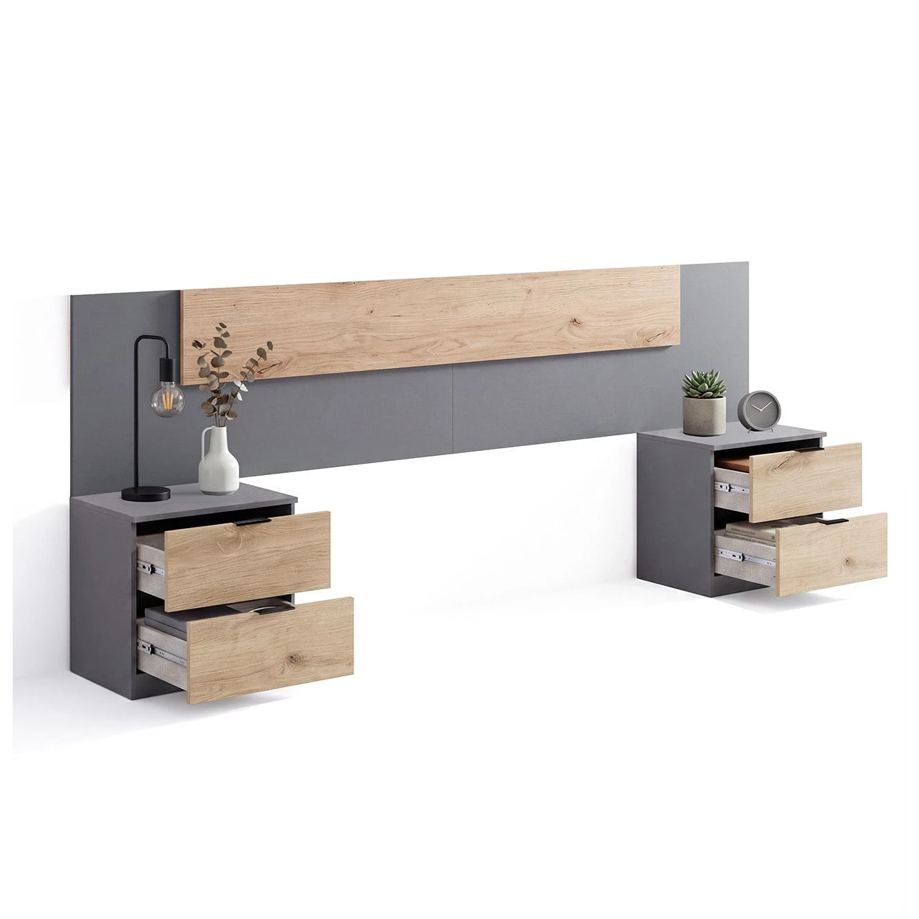 Cabecero para cama de 135-150 cm y 2 mesitas con cajones en gris grafito y apline oak Akari Gris Grafito - Alpine Oak