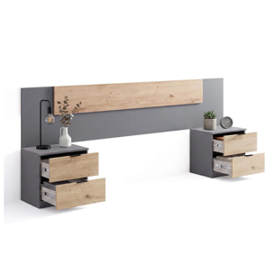 Cabecero para cama de 135-150 cm y 2 mesitas con cajones en gris grafito y apline oak Akari Gris Grafito - Alpine Oak