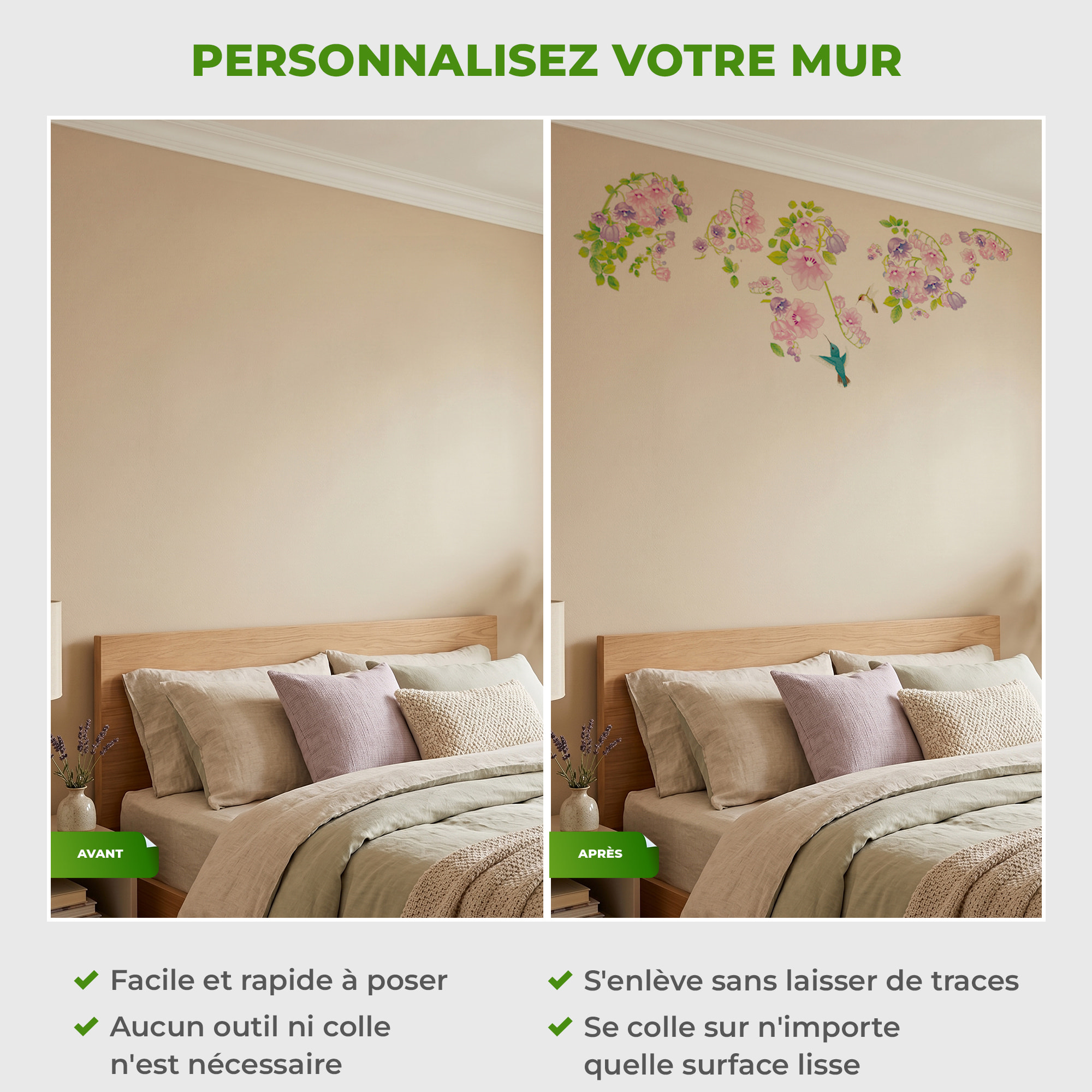 Stickers Muraux décoration adhésifs oiseaux et fleurs violettes