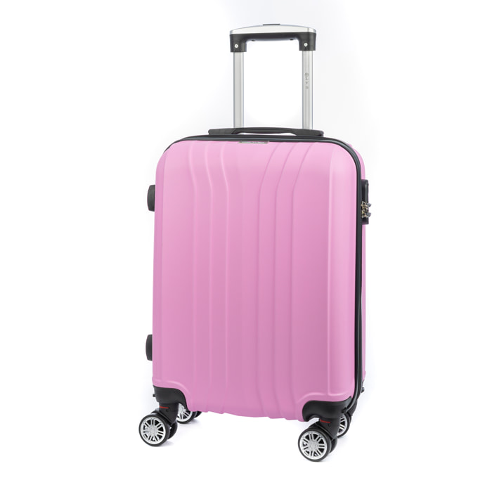 Valigia da cabina Trolley in materiale leggero in ABS ad alta resistenza. Lucchetto numerico, 4 ruote doppie estraibili e girevoli a 360°. 57x38x20 cm.