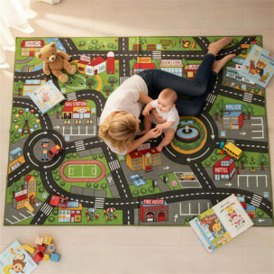 Alfombra Infantil, Carretera de Ciudad, 200x150 cm, Alfombra Educativa Antideslizante para Gateo y Jugar con Coches, para Salón y Dormitorio, Textura Suave