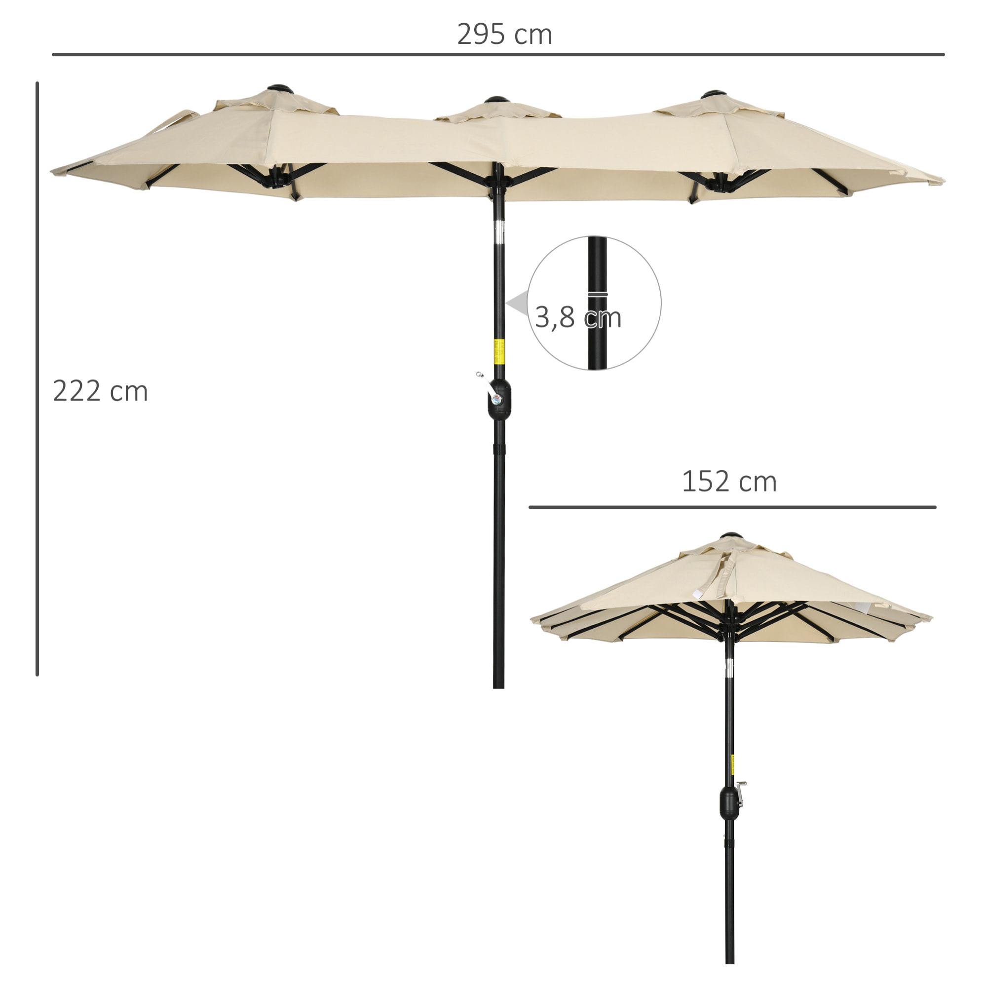 Sombrilla Doble 2,95x1,52 m Sombrilla Terraza Exterior con Inclinación de 45° Manivela Manual y 3 Orificios de Ventilación Sombrilla Grande para Terraza Playa Piscina Caqui