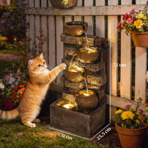 Fontaine extérieure cascade 5 niveaux pichets led résine marron vieilli