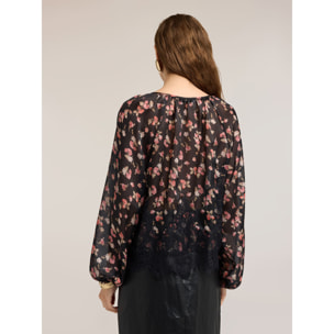 Motivi - Blusa in georgette con stampa floreale e pizzo - Nero