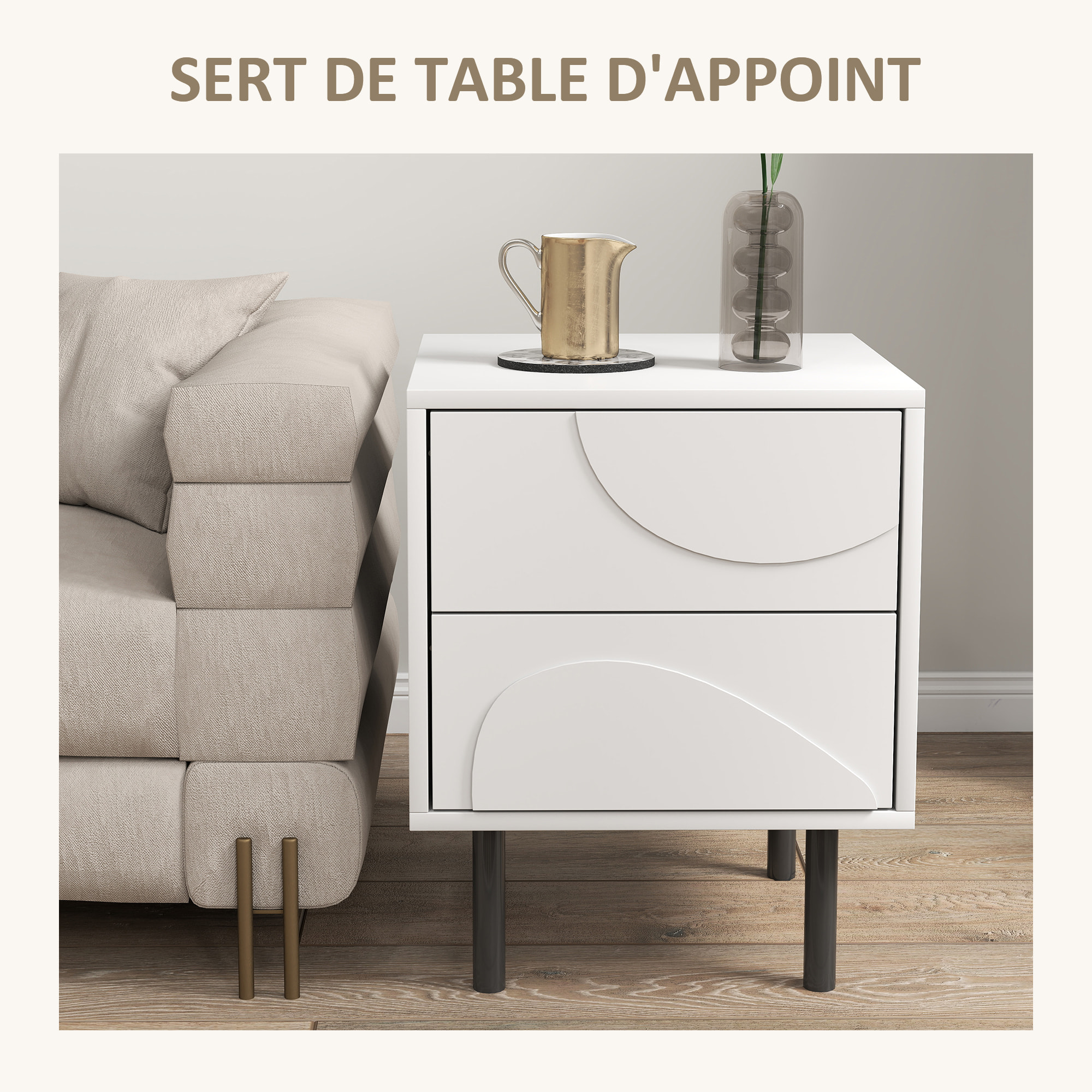 Table de chevet, table d'appoint avec 2 tiroirs, pieds en acier, 40 x 40 x 50 cm, blanc