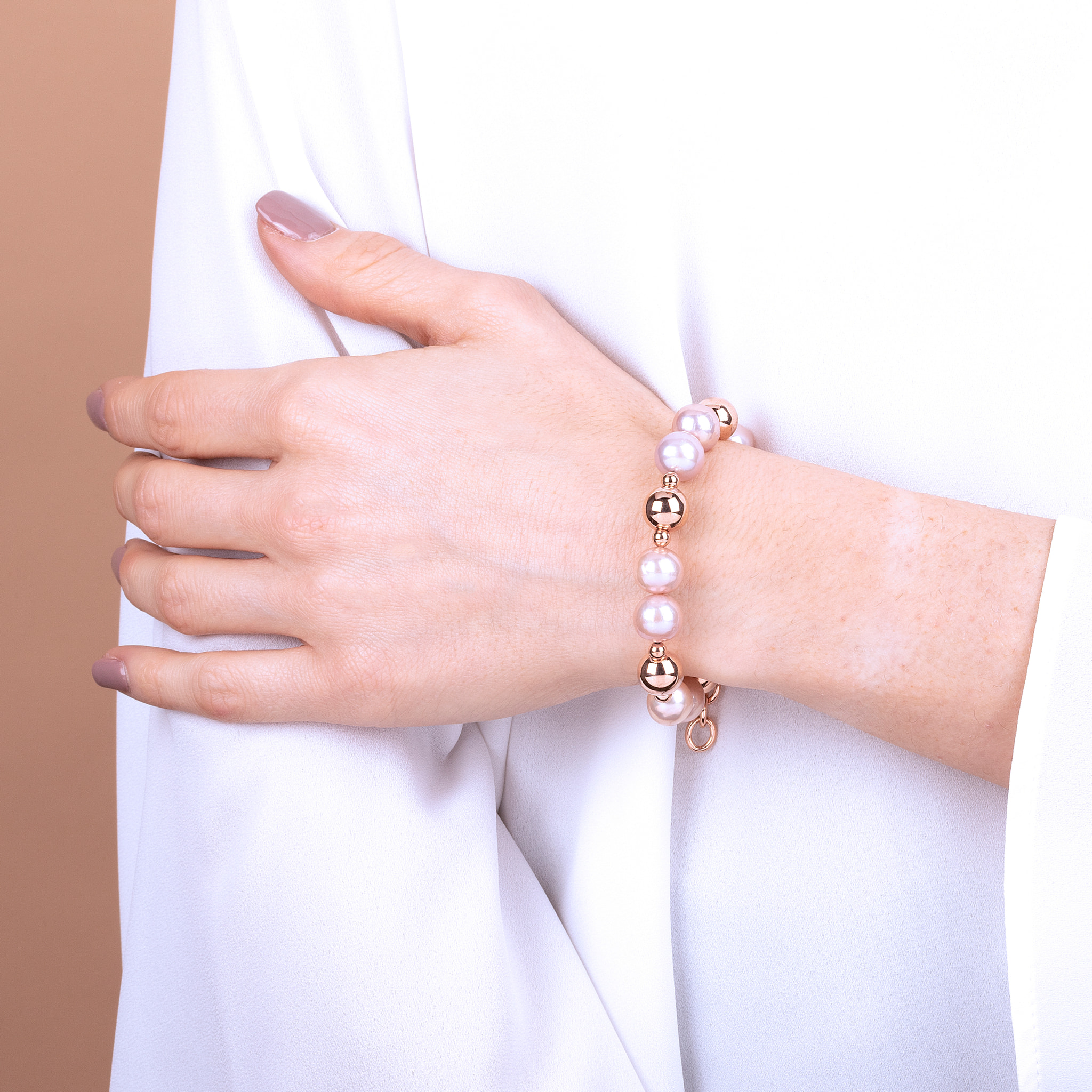 Bracciale con Sfere Lucide e Perle Ming d'Acqua Dolce Rosa