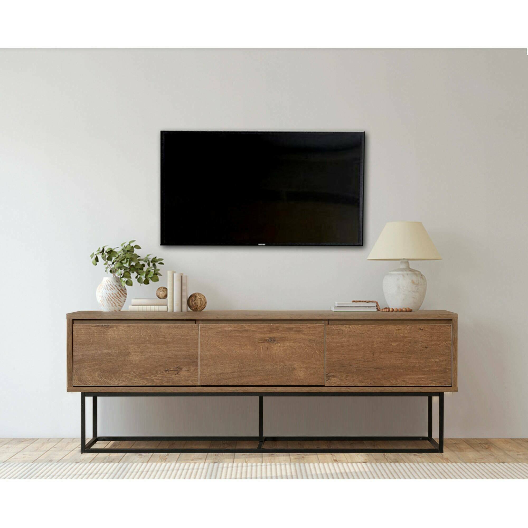 Mobile porta TV Dlapadul, Credenza da soggiorno, Armadio basso per TV, Base parete attrezzata, 140x40h50 cm, Noce e Nero