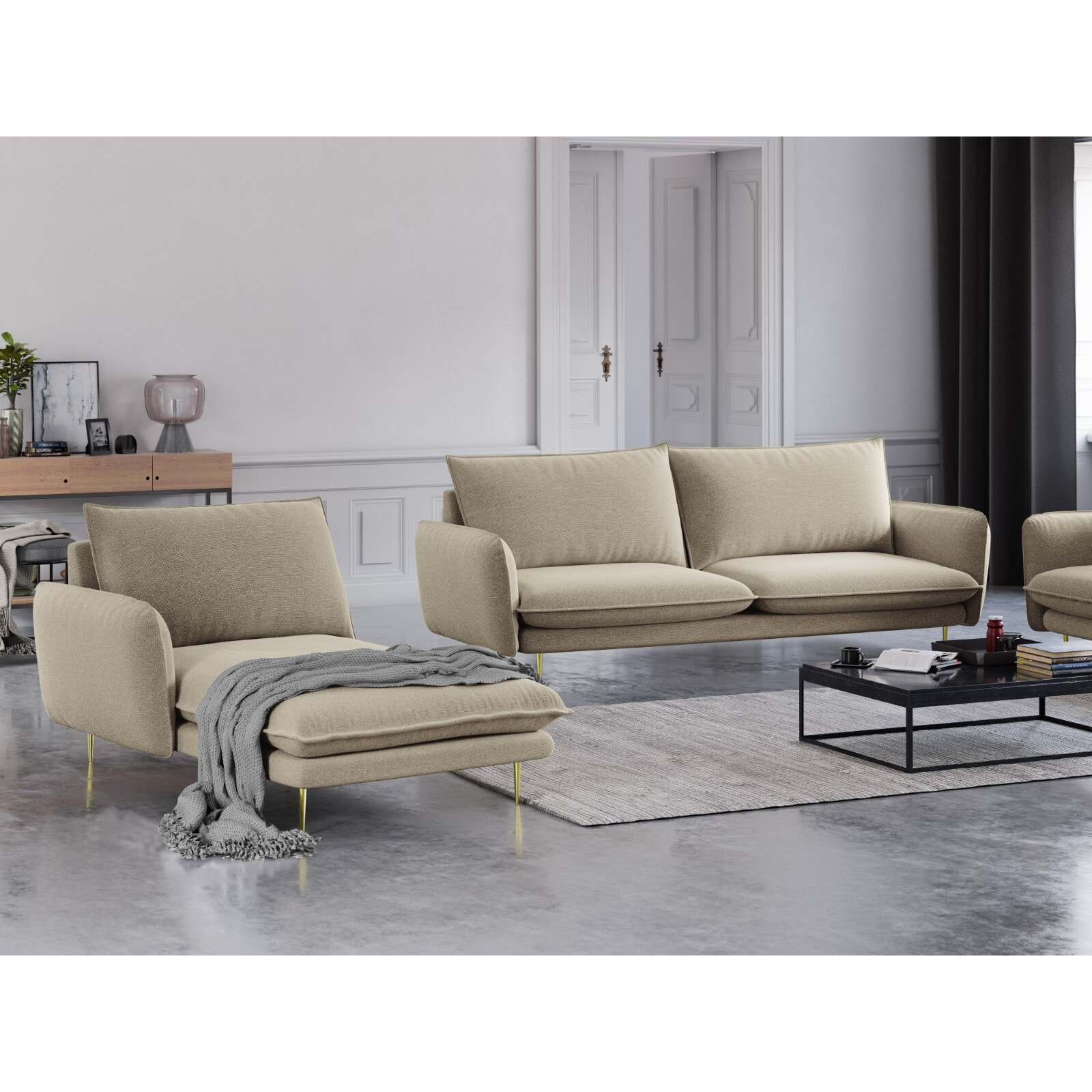 Méridienne gauche "Vienna" en tissu structurel beige