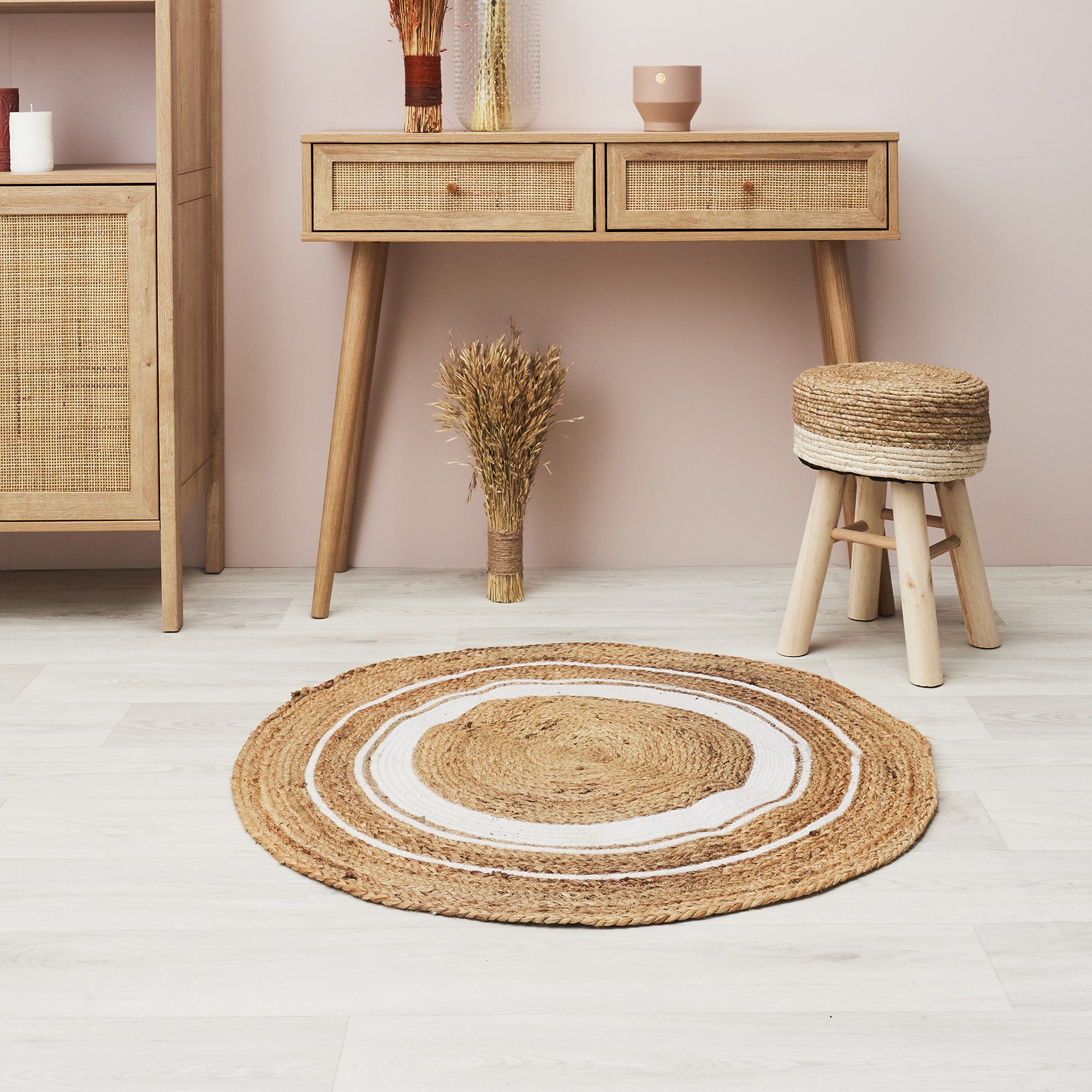 Tapis Rond Jute Coton Blanc 90cm